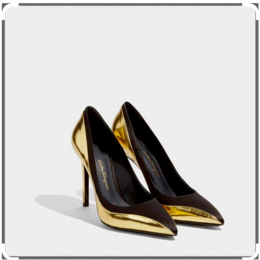 Salvatore Ferragamo metallic leather and satin pumps